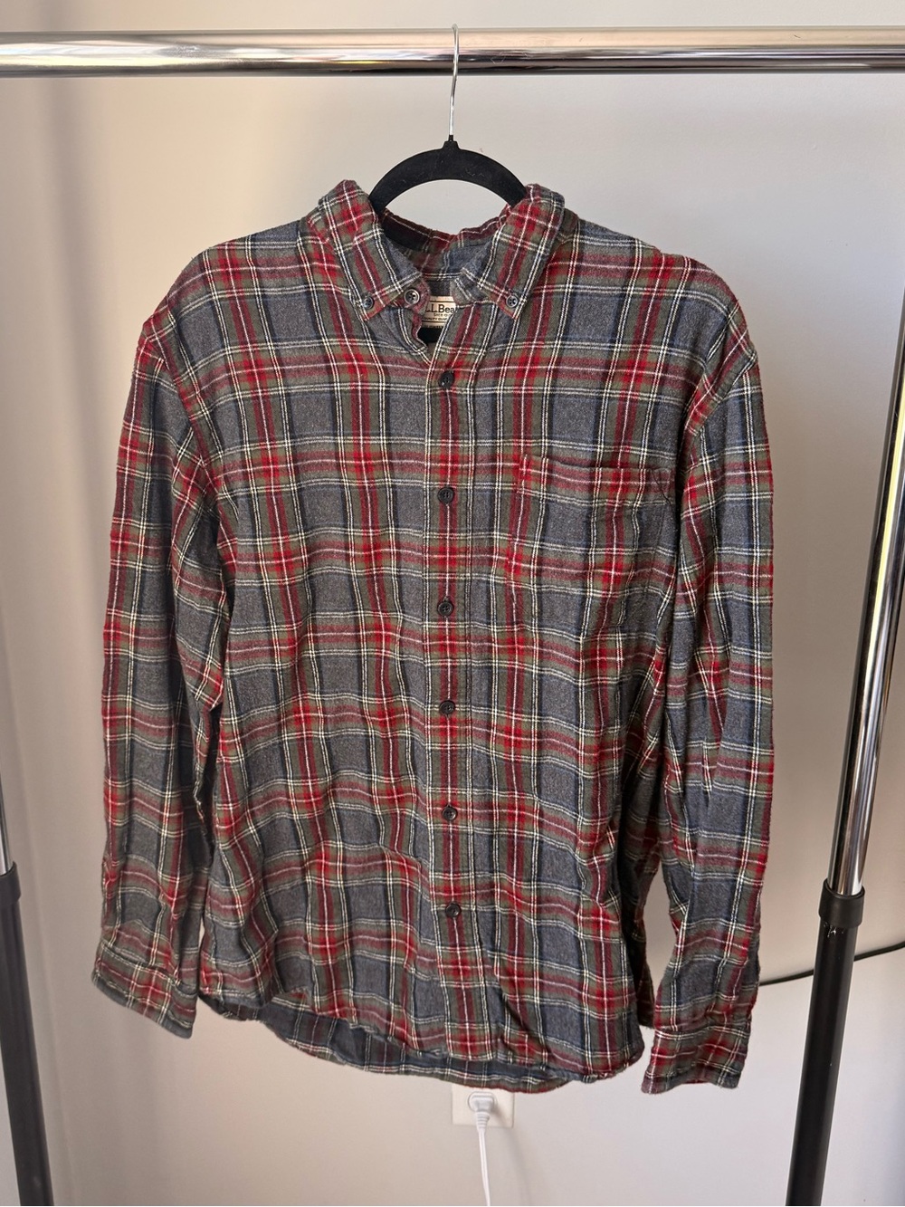 L.L. Bean Gray and Red Plaid Flannel Button-Down Shirt